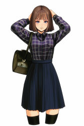 Rule 34 | 1girl, absurdres, bag, black thighhighs, blue eyes, blue skirt, bob cut, breast pocket, brown hair, closed mouth, collared shirt, highres, jugon, jungon kim, long sleeves, looking at viewer, original, plaid, plaid shirt, pocket, shirt, shirt pocket, shirt tucked in, shoulder bag, simple background, skirt, solo, thighhighs, white background
