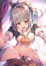 Rule 34 | 1boy, 1girl, blush, bow, breasts, censored, clothes lift, cowgirl position, cum, cum on body, girl on top, green bow, grey hair, hair bow, hetero, highres, kantai collection, long hair, looking at viewer, medium breasts, mosaic censoring, navel, nipples, open mouth, orange eyes, penis, ponytail, pussy, redcomet, sailor collar, school uniform, serafuku, sex, shirt lift, smile, solo focus, straddling, vaginal, yellow neckwear, yuubari (kancolle)