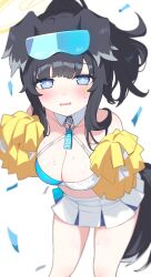 Rule 34 | 1girl, animal ears, bare shoulders, black hair, blue archive, blue eyes, blush, bow, breasts, cheerleader, cleavage, collarbone, confetti, cowboy shot, crop top, dog ears, dog girl, dog tail, eyewear on head, goggles, goggles on head, halo, hibiki (blue archive), hibiki (cheer squad) (blue archive), highres, inuyama nanami, leaning forward, long hair, looking at viewer, medium breasts, miniskirt, navel, official alternate costume, open mouth, pom pom (cheerleading), ponytail, sidelocks, simple background, skirt, smile, solo, standing, star sticker, sweat, tail, white background, white skirt, yellow halo