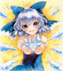 Rule 34 | 1girl, bad id, bad pixiv id, blue eyes, blue hair, bow, cirno, dress, fang, hair bow, ice, ice wings, looking at viewer, matching hair/eyes, open mouth, outstretched arms, puffy short sleeves, puffy sleeves, qqqrinkappp, red ribbon, ribbon, sample watermark, short hair, short sleeves, smile, solo, touhou, traditional media, upper body, watermark, wings