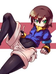 Rule 34 | 1girl, a-tuy, absurdres, aile (mega man zx), blush stickers, bodystocking, brown hair, female focus, fingerless gloves, gloves, green eyes, highres, mega man (series), mega man zx, short hair, shorts, solo, v