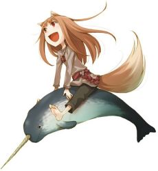 Rule 34 | 1girl, :d, animal ears, ayakura juu, barefoot, black pants, brown hair, fish, floating hair, full body, grey shirt, holo, long hair, looking up, lowres, narwhal, non-web source, novel illustration, official art, open mouth, pants, pouch, red eyes, riding, shirt, simple background, sitting, smile, solo, spice and wolf, tail, very long hair, white background, wolf ears, wolf tail