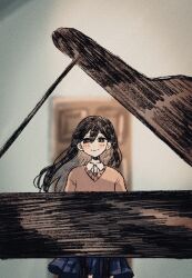 Rule 34 | 1girl, black eyes, black hair, blue skirt, blurry, blurry background, blush, closed mouth, cowboy shot, day, door, dot nose, floating hair, grand piano, hair between eyes, highres, indoors, instrument, long hair, long sleeves, looking at viewer, mari (faraway) (omori), mari (omori), miniskirt, mkn364, omori, piano, pink sweater, pleated skirt, sidelocks, sitting, skirt, smile, solo, straight-on, sweater, v-neck