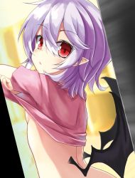 Rule 34 | 1girl, akisome hatsuka, bat wings, bottomless, breasts, commentary request, eyes visible through hair, from behind, light purple hair, looking at viewer, no bra, pink shirt, pointy ears, red eyes, remilia scarlet, shirt, small breasts, solo, touhou, undressing, upper body, wings