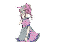 Rule 34 | 1girl, alternate costume, apron, arm at side, bow, brown hair, collared dress, colored inner hair, dress, eyepatch, from side, grey apron, hair bow, hand up, hat, highres, koze niire, looking ahead, makaino ririmu, medical eyepatch, multicolored hair, nijisanji, one eye covered, pink bow, pink dress, pink hat, ponytail, profile, puffy short sleeves, puffy sleeves, purple hair, ringlets, short dress, short sleeves, sidelocks, simple background, solo, virtual youtuber, visor cap, waist apron, waitress, white background, wrist cuffs