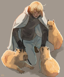 Rule 34 | 1boy, black gloves, black shirt, blonde hair, capybara, chinese commentary, closed eyes, commentary request, dated commentary, full body, gloves, grey background, higekiri (touken ranbu), jacket, jacket on shoulders, long sleeves, male focus, open mouth, pants, petting, shirt, short hair, signature, solo, squatting, touken ranbu, white jacket, white pants, zi tsas
