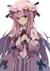 Rule 34 | 1girl, blue bow, bow, capelet, closed mouth, crescent, crescent pin, dress, hair bow, hat, highres, long hair, long sleeves, looking at viewer, mob cap, multiple bows, natsume suzuri, own hands together, patchouli knowledge, pink capelet, pink dress, pink hat, purple eyes, purple hair, red bow, sidelocks, simple background, solo, standing, striped clothes, striped dress, touhou, white background