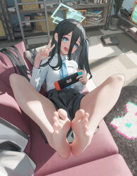 Rule 34 | 1girl, absurdly long hair, absurdres, aris (blue archive), barefoot, black hair, black hairband, black skirt, blue archive, blue eyes, blue necktie, checkered floor, collared shirt, feet, green halo, hairband, halo, handheld game console, highres, holding, holding handheld game console, indoors, long hair, looking at viewer, mr ito, necktie, one side up, open mouth, plant, pleated skirt, potted plant, revision, shirt, skirt, smile, soles, solo, television, toes, v, very long hair, white shirt