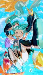Rule 34 | 1girl, aqua eyes, aqua hair, aqua necktie, bare shoulders, black footwear, black skirt, black sleeves, boots, detached sleeves, falling, full body, grey shirt, hatsune miku, highres, holding, holding umbrella, long hair, looking at viewer, mochi mochi island, necktie, open mouth, panties, pantyshot, pleated skirt, rain, shirt, skirt, sleeveless, sleeveless shirt, solo, striped clothes, striped panties, teeth, thigh boots, twintails, umbrella, underwear, upper teeth only, upskirt, very long hair, vocaloid, water drop, wide-eyed