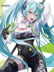 Rule 34 | 1girl, aqua eyes, aqua hair, arm behind head, arm up, asymmetrical bodysuit, barcode, black bodysuit, bodysuit, commentary, crop top, crop top overhang, cropped jacket, flagpole, flame print, goodsmile racing, hatsune miku, headphones, highres, holding, holding pole, kaminoq, long hair, looking at viewer, navel, open mouth, pole, racing miku, racing miku (2022), single thighhigh, skin tight, smiley face, thighhighs, twintails, two-tone gloves, very long hair, vocaloid