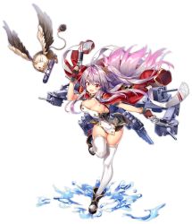 Rule 34 | 1girl, arm up, azur lane, bird, blush, breasts, brown gloves, cleavage, dual wielding, fingerless gloves, full body, gloves, grenville (azur lane), gun, handgun, highres, holding, holding gun, holding weapon, large breasts, long hair, looking at viewer, multicolored hair, official art, open mouth, pink hair, purple hair, red eyes, revolver, riichu, smile, solo, splashing, thighhighs, torpedo, transparent background, two-tone hair, water, weapon, white thighhighs