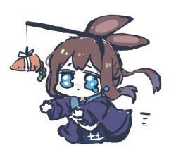 Rule 34 | 1girl, amiya (arknights), animal ears, arknights, black jacket, blue eyes, carrot, carrot on stick, chibi, crying, hair between eyes, jacket, long hair, lowres, ponytail, rabbit ears, simple background, stick, sukima (crie), upper body, white background