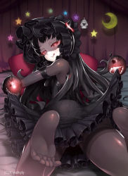 Rule 34 | 10s, 1girl, abyssal ship, bad id, bad pixiv id, black dress, black hair, black pantyhose, blush, character doll, dress, feet, floating fortress (kancolle), frilled dress, frills, glowing, glowing eyes, gothic lolita, horns, isolated island oni, kantai collection, lolita fashion, long hair, looking at viewer, matanonki, no shoes, northern ocean princess, pale skin, pantyhose, red eyes, smile, soles, solo, thighband pantyhose, toes