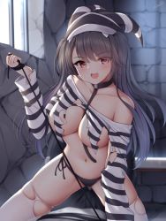 Rule 34 | 1girl, azur lane, barred window, between breasts, black panties, blue hair, breasts, cleavage, collar, commentary request, fang, hat, highres, indoors, large breasts, leash, long hair, looking at viewer, navel, no bra, open mouth, pamiat merkuria (azur lane), pamiat merkuria (caged minx) (azur lane), panties, prison, prison cell, prison clothes, red eyes, rope, side-tie panties, skindentation, stone floor, stone wall, striped clothes, striped headwear, thighhighs, torn clothes, torn legwear, underwear, wall, white thighhighs, window, wsman