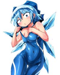 Rule 34 | 1girl, alternate costume, blue bow, blue eyes, blue hair, blue leotard, bodysuit, bow, breasts, cirno, commentary request, covered navel, d:, ice, ice wings, leotard, looking at viewer, open mouth, parted lips, shimizu pem, simple background, small breasts, solo, strap pull, thigh gap, touhou, uneven eyes, unitard, v-shaped eyebrows, white background, wings