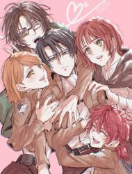 1boy 4girls artist_name auburn_hair belt black_hair blush brown_eyes brown_hair brown_jacket capelet closed_eyes dark_brown_hair green_capelet grey_eyes hange_zoe harem hug isabel_magnolia jacket levi_(shingeki_no_kyojin) multiple_girls nifa_(shingeki_no_kyojin) open_clothes paradis_military_uniform petra_ral pink_background red_hair s_ikzo shingeki_no_kyojin short_hair simple_background smile v