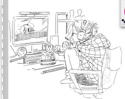 Rule 34 | 1girl, art tools in frame, breaking bad, chair, commentary request, eating, food, full body, greyscale, hair ornament, hairclip, headphones, holding, holding food, knees up, korean commentary, korean text, monitor, monochrome, on chair, original, ryaa1234, sitting, socks, solo, steam, translation request, walter white