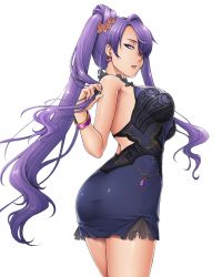 Rule 34 | 1girl, artist request, ass, bangle, bare shoulders, blush, bracelet, breasts, daibouken! yukeyuke osawari island, dress, earrings, female focus, holding, holding own hair, jewelry, large breasts, long hair, looking at viewer, parted lips, purple eyes, purple hair, scrunchie, solo, transparent background, twintails, very long hair