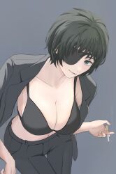 Rule 34 | 1girl, absurdres, black bra, black hair, black jacket, black pants, bra, breasts, chainsaw man, cigarette, cleavage, collarbone, eyepatch, grey background, highres, himeno (chainsaw man), holding, holding cigarette, jacket, jacket on shoulders, large breasts, light smile, longines, looking at viewer, no shirt, one eye covered, pants, short hair, simple background, solo, underwear
