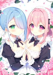 Rule 34 | 2girls, aoi yun, apron, black bow, black dress, blue eyes, blush, bow, braid, breasts, bun cover, cleavage, closed mouth, collar, commentary request, detached collar, dress, flower, green eyes, hair between eyes, hair bun, hair intakes, hair over one eye, juliet sleeves, long sleeves, maid, maid headdress, medium breasts, multiple girls, original, petals, pink flower, pink hair, pink rose, puffy sleeves, purple eyes, rose, simple background, sleeves past wrists, smile, upper body, white apron, white background, white collar, wing collar