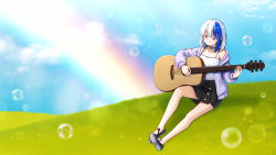 Rule 34 | 1girl, bad id, bad pixiv id, black footwear, black skirt, blue eyes, blue hair, blue sky, bubble, camisole, cloud, collarbone, colored eyelashes, commission, day, guitar, heterochromia, highres, holding, holding instrument, instrument, jacket, long sleeves, mamel 27, multicolored hair, on grass, open clothes, open jacket, original, outdoors, puffy long sleeves, puffy sleeves, purple jacket, rainbow, red eyes, shoe soles, shoes, silver hair, sitting, skirt, sky, solo, two-tone hair, white camisole
