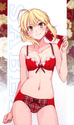 Rule 34 | 10s, 1girl, absurdres, ahoge, blonde hair, blush, bra, breasts, fate/extra, fate (series), green eyes, highres, lace, lace-trimmed bra, lace trim, light smile, lingerie, morii shizuki, navel, nero claudius (fate), nero claudius (fate/extra), panties, red bra, red panties, ribbon, smile, solo, underwear, untying