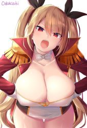 Rule 34 | 1girl, azur lane, black ribbon, blonde hair, breasts, cleavage, commentary request, dress, epaulettes, frown, hair between eyes, hair ribbon, highres, jacket, large breasts, long hair, looking at viewer, nelson (azur lane), oekakizuki, open clothes, open jacket, red eyes, ribbon, solo, thighs, twintails, very long hair, white background