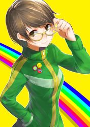 Rule 34 | 1girl, adjusting eyewear, badge, brown eyes, brown hair, button badge, glasses, hand in pocket, jacket, lapel pin, looking at viewer, mikan (chipstar182), persona, persona 4, rainbow background, satonaka chie, short hair, smile, smiley face, solo, track jacket, upper body, yellow-framed eyewear, yellow theme