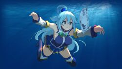 1girl :t absurdres aqua_(konosuba) blue_eyes blue_hair breasts fishing floating_hair hair_ornament hair_rings hair_tie highres kono_subarashii_sekai_ni_shukufuku_wo! long_hair money nevermind nirvana_(band) parody skirt solo studio_deen underwater water