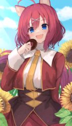 Rule 34 | 1girl, absurdres, ahoge, amairo islenauts, animal ears, blue eyes, blue sky, blush, breasts, cloud, collar, doughnut, eyelashes, fang, flower, food, hair between eyes, hair ornament, hand up, highres, holding, holding food, jacket, large breasts, long sleeves, looking at viewer, masaki gaillard, medium hair, necktie, nodoameyatou, open mouth, outdoors, red hair, red jacket, red skirt, red tail, school uniform, shirt, skirt, sky, smile, solo, standing, sunflower, tail, white collar, white shirt, wolf ears, wolf girl, wolf tail, x hair ornament, yellow necktie, yuzu-soft
