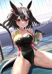 Rule 34 | 1girl, animal ears, arm behind back, backlighting, black hair, black one-piece swimsuit, bob cut, breasts, cleavage, commentary request, competition swimsuit, cowboy shot, highres, horse ears, horse girl, horse tail, kitasan black (umamusume), large breasts, medium hair, multicolored hair, one-piece swimsuit, pool ladder, red eyes, red ribbon, ribbon, solo, swimsuit, tail, tumbler, two-tone hair, umamusume, wanderlucia