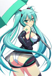 Rule 34 | &gt;:|, 1girl, :|, alternate costume, aqua hair, ass, blush, closed mouth, elbow gloves, gloves, green eyes, hand on own hip, hatsune miku, hip focus, long hair, looking back, race queen, racing miku, racing miku (2012), shimamoto utsumi, simple background, solo, thighhighs, twintails, umbrella, utsumi, v-shaped eyebrows, very long hair, vocaloid, white background