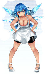 Rule 34 | 1girl, aged up, alternate costume, aoshima, bare arms, bare shoulders, bike shorts, black bra, blue eyes, blue hair, blush, bra, breasts, cirno, cirno-nee, cleavage, collarbone, commentary request, dress, full body, hair ornament, hairclip, hands on own hips, head tilt, highres, ice, ice wings, large breasts, legs, lipstick, looking at viewer, makeup, mary janes, matching hair/eyes, shoes, shorts under dress, simple background, sleeveless, sleeveless dress, smile, solo, standing, sundress, tan, toned, touhou, tsurime, underwear, white dress, white footwear, wings