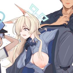 Rule 34 | 1boy, 2girls, anger vein, animal ear fluff, blonde hair, blue archive, blue halo, blue necktie, blue shirt, breasts, commentary request, grey jacket, hair over one eye, halo, highres, inverted nipples, jacket, kanna (blue archive), large breasts, long hair, multiple girls, necktie, one breast out, sensei (blue archive), sharp teeth, shiming liangjing, shirt, simple background, teeth, valkyrie police academy student (blue archive), white background