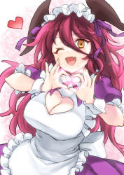 Rule 34 | 1girl, alternate costume, apron, blush, breasts, cleavage, cleavage cutout, clothing cutout, dragalia lost, dragon girl, ekra, fang, frilled apron, frills, glowing heart, heart, heart hands, highres, horn ornament, horn ribbon, horns, large breasts, long hair, looking at viewer, maid, maid apron, maid headdress, mym (dragalia lost), one eye closed, open mouth, orange eyes, own hands together, purple ribbon, red hair, ribbon, skin fang, smile, solo, very long hair, wrist cuffs