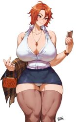 Rule 34 | 1girl, ahoge, artist name, bag, bare shoulders, batako (batakoart), black skirt, breasts, cellphone, cleavage, collarbone, collared shirt, commentary, commission, curvy, english commentary, gem, hair between eyes, highres, holding, holding bag, holding phone, huge breasts, jewelry, looking at phone, mature female, miniskirt, mole, mole under eye, office lady, original, panties, pencil skirt, pendant, phone, red eyes, red gemstone, red hair, ring, shirt, shirt tucked in, short hair, skirt, sleeveless, sleeveless shirt, smartphone, smile, solo, thick thighs, thighhighs, thighs, underwear, watch, white background, white panties, white shirt, wristwatch
