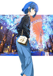Rule 34 | 1girl, absurdres, bag, black jacket, black shirt, blue hair, blue pants, bocchi the rock!, commentary, cropped jacket, earrings, ferris wheel, hair ornament, hairclip, highres, jacket, jewelry, long sleeves, looking at viewer, looking back, outside border, pants, parted lips, shirt, short hair, shoulder bag, solo, t.k.c, tree, yamada ryo, yellow eyes