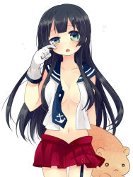 Rule 34 | 10s, 1girl, agano (kancolle), anchor symbol, black hair, black necktie, collarbone, kantai collection, long hair, looking at viewer, nagasioo, navel, necktie, pleated skirt, red skirt, school uniform, serafuku, simple background, skirt, solo, standing, stuffed animal, stuffed toy, tears, upper body, vest, white background