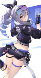 Rule 34 | 1girl, ;), absurdres, ass, bandaid, belt, black gloves, black jacket, black shorts, commentary, crop top, cropped jacket, drill hair, feet out of frame, fingerless gloves, fishnets, from behind, gloves, grey belt, grey eyes, grey hair, hako momiji, highres, honkai: star rail, honkai (series), jacket, long hair, looking at viewer, looking back, midriff, navel, one eye closed, ponytail, short shorts, shorts, silver wolf (honkai: star rail), smile, solo, stomach, thighs
