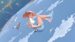 Rule 34 | 1girl, asymmetrical footwear, asymmetrical legwear, bare legs, belt, bird, blouse, blue eyes, blue sky, bow, buoy, camera, cloud, commentary, da (datako), english commentary, falling, frilled sleeves, frills, hair bow, highres, jewelry, looking at viewer, mismatched footwear, necklace, ocean, open mouth, orange hair, original, overall shorts, overalls, polka dot, polka dot bow, puffy short sleeves, puffy sleeves, railroad tracks, seagull, shirt, shoes, short hair, short sleeves, short twintails, sky, smile, sneakers, socks, solo, suspenders, twintails, uneven footwear, uneven legwear, upside-down, wallpaper, watch, white socks