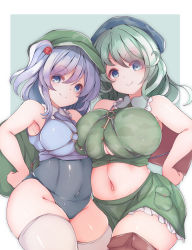 Rule 34 | 2girls, absurdres, blue one-piece swimsuit, blue skirt, boots, breasts, brown footwear, camouflage, covered navel, green background, green eyes, green hair, green skirt, highres, huge breasts, kawashiro nitori, key, looking at viewer, medium breasts, midriff, miniskirt, multiple girls, navel, one-piece swimsuit, skirt, sleeping ear, smile, swimsuit, thighhighs, thighs, touhou, white legwear, yamashiro takane