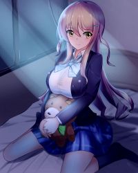 Rule 34 | 1girl, blonde hair, blue bow, blue skirt, bow, bowtie, breasts, chaos;head, hair ornament, hairclip, kusunoki yua, large breasts, looking at viewer, moonlight, night, on bed, plaid, plaid skirt, school uniform, science adventure, sitting, skirt, solo, striped, striped bow, stuffed animal, stuffed toy, teddy bear, window