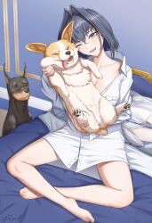 Rule 34 | 1girl, absurdres, barefoot, bed, black hair, blue eyes, dog, feet, hair flaps, highres, hololive, hololive english, on bed, one eye closed, ouro kronii, virtual youtuber, zenya