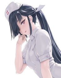 Rule 34 | 1girl, alternate costume, black hair, breasts, buttons, dated, double-breasted, hair over one eye, hat, hayashimo (kancolle), highres, kantai collection, long hair, looking at viewer, nurse, nurse cap, ponytail, red eyes, rokuwata tomoe, short sleeves, small breasts, solo, twitter username, white background, white uniform