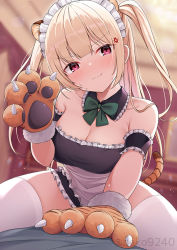 Rule 34 | 1girl, animal hands, apron, arm cuffs, bare shoulders, blonde hair, blunt bangs, blurry, blurry background, blush, bow, breasts, chinese zodiac, cleavage, collarbone, commentary request, detached collar, gloves, green bow, indoors, long hair, looking at viewer, maid, maid apron, maid headdress, medium breasts, nekokobushi, original, paw gloves, purple eyes, sidelocks, tail, thighhighs, tiger paws, tiger tail, two side up, white apron, white thighhighs, year of the tiger