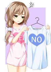 Rule 34 | 1girl, blue shirt, breasts, brown hair, clothes hanger, collarbone, cowboy shot, double-parted bangs, eyelashes, eyes visible through hair, frown, green eyes, hair ornament, hair scrunchie, heart, highres, holding, holding clothes, holding shirt, light blush, long hair, looking at object, mikuni sairi, naked shirt, open mouth, pink shirt, purple background, scrunchie, sesen2000, shirt, short hair, short sleeves, side ponytail, sidelocks, simple background, small breasts, solo, squiggle, standing, tenshi souzou re-boot!, white background, white scrunchie, yes