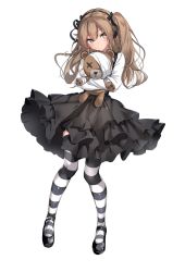 Rule 34 | 1girl, bad id, bad twitter id, bandages, black bow, black bowtie, black ribbon, black skirt, black thighhighs, boko (girls und panzer), bow, bowtie, brown eyes, casual, closed mouth, collared shirt, full body, girls und panzer, hair ribbon, head tilt, high-waist skirt, highres, holding, holding stuffed toy, layered skirt, light brown hair, long hair, long sleeves, looking at viewer, mary janes, medium skirt, one side up, ribbon, shimada arisu, shirt, shoes, simple background, skirt, solo, spider apple, standing, striped clothes, striped thighhighs, stuffed animal, stuffed toy, suspender skirt, suspenders, teddy bear, thighhighs, white background, white shirt