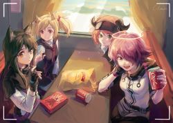 Rule 34 | 4girls, animal ears, arknights, black gloves, black hair, black vest, blonde hair, booth seating, bow, breasts, can, chips (food), coca-cola, cow horns, croissant (arknights), earphones, exusiai (arknights), fingerless gloves, food, gloves, green eyes, hair bow, hair over one eye, hand up, highres, holding, holding can, holding earphones, holding food, horns, lay&#039;s (potato chips), long hair, multiple girls, necktie, one eye covered, open mouth, orange eyes, orange hair, penguin logistics (arknights), pocky, potato chips, red bow, red eyes, red hair, red necktie, shirt, short hair, sitting, sketch, small breasts, sora (arknights), table, texas (arknights), twintails, vest, viewfinder, visor cap, white shirt, wolf ears, wolf girl, yellow eyes, zhongmu