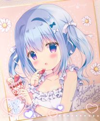 Rule 34 | 1girl, :o, artist name, azumi kazuki, bare shoulders, blue bow, blue hair, blush, bow, collarbone, commentary request, dotted line, dress, english text, food, fruit, hair between eyes, hair bow, heart, highres, holding, holding food, long hair, open mouth, original, parfait, photo (medium), purple eyes, signature, sleeveless, sleeveless dress, solo, strawberry, twintails, upper body, white bow, white dress, wrist cuffs