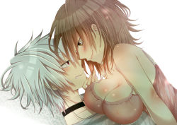 Rule 34 | 1boy, 1girl, accelerator (toaru majutsu no index), blush, breast on chest, breast press, breasts, brown eyes, brown hair, camisole, eye contact, girl on top, hand on another&#039;s face, komugi (accelerator), large breasts, looking at another, misaka worst, red eyes, silver hair, smile, sweatdrop, toaru majutsu no index, white background